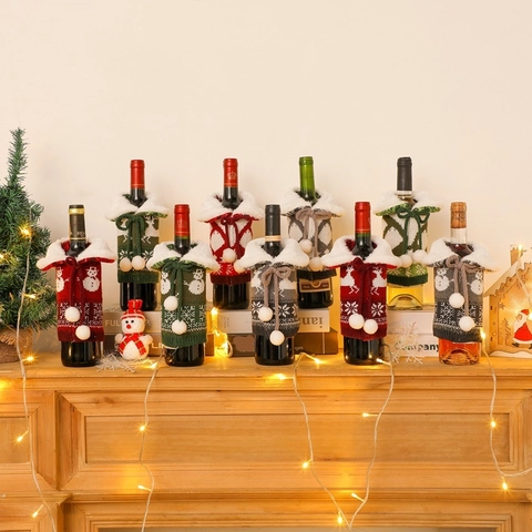 Christmas Wine Bottle Cover Knitted Sweater With Faux Fur Collar Pompoms Snowman Reindeer Pattern Festive Xmas Dining Decor