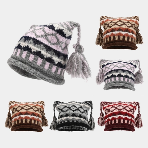 Gebreide Beanie Met Kattenoren Fair Isle Patroon Acryl Warm Winter Kwastje Oorklep Vintage Stijl Voor Dames