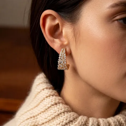 Orecchini A Cerchio Geometrici A Forma Di C In Rame Con Zirconi E Perno In Argento Placcato Oro 18 Carati