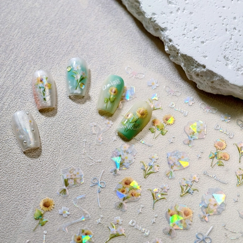 3D Relief Nail Art Stickers Sunflower Daisy Butterfly Bow Designs Holographic Laser Adhesive Decals DIY Manicure Decoration