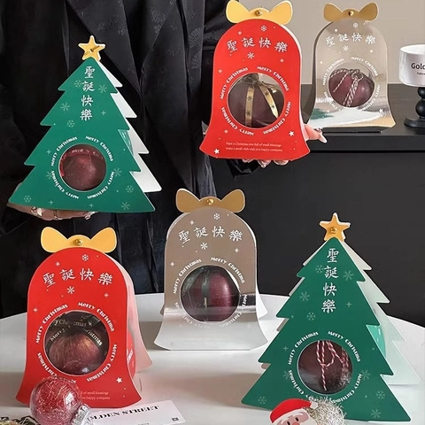 Christmas Apple Gift Boxes Tree Bell Shape Cardstock Clear Window Gold Stamping Festival Holiday Favors Treats Packaging