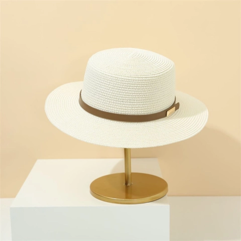 Boater Straw Hat Vintage Wide Brim Sun Protection Beach Vacation For Women Men With Leather Band Buckle