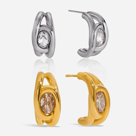 C Shape Hoop Stud Earrings 18K Gold Plated Stainless Steel With Zircon Waterproof Hypoallergenic Minimalist Luxury Women