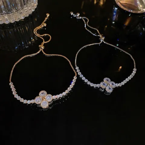 Clover Bracelet Copper Real Gold Plated Zircon Adjustable Slider Chain Fashion Jewelry Women Elegant Accessory