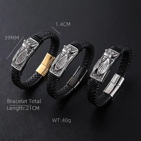 Pulsera De Cuero Trenzado Para Hombre Con Amuleto De Insecto Cigarra De Acero Inoxidable 304 Estilo Punk Vintage Cierre Magnético