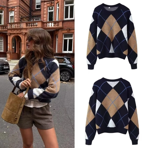 Suéter De Punto Argyle Para Mujer Vintage Cuello Redondo Manga Larga Pullover Mezcla De Acrílico Y Poliéster Azul Marino Camel Blanco