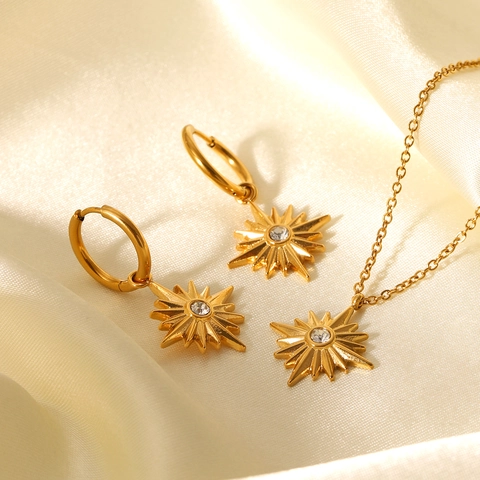 Stainless Steel Eight Pointed Star Pendant Necklace And Earrings Set With Zircon 18K Gold Plated For Women Ins Style