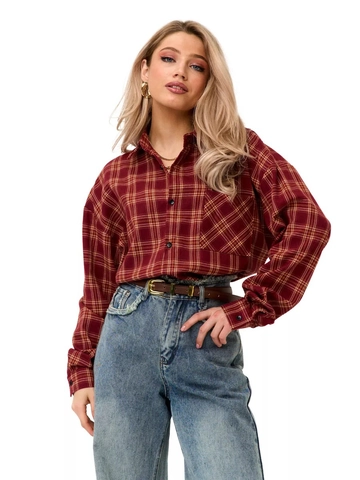 Dames Rood Geel Geruite Overhemd Lange Mouwen Katoen Polyester Mix Oversized Knoopsluiting Revers Blouse Met Zak
