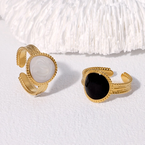 Vintage Geometric Open Ring 18K Gold Plated Stainless Steel Beaded Edge Elegant Adjustable Finger Jewelry For Women