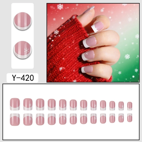 French Tip Press On Nails Christmas Snowflake Design Short Square Artificial Pink White Fake Nails For Women Festive Winter Manicure