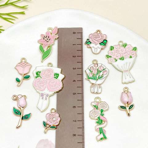 Rosa Blumen Charms Anhänger Emaille Zinklegierung Rose Tulpe Strauß Für DIY Halskette Schlüsselbund Schmuckherstellung