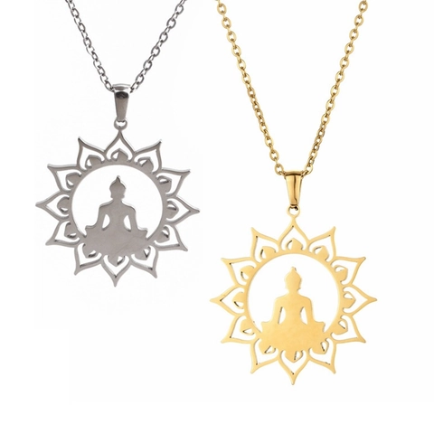Collana Con Ciondolo Buddha Acciaio Inossidabile Loto Cavo Raggio Di Sole Gioielli Zen Religiosi Uomo Donna