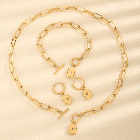 Minimalistisch Titaniumstaal Ster Hanger Sieradenset Vrouwen Goud Paperclip Ketting OT-Sluiting Ketting Armband Oorbellen