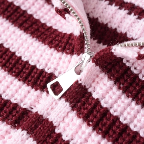 Cárdigan De Punto Para Mujer Suéter Con Cremallera Rayas Solapa Poliéster Corte Holgado Retro Casual