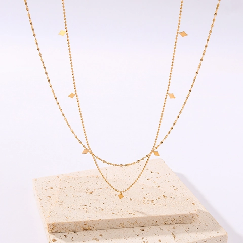 Double Layer Necklace 18K Gold Plated Stainless Steel Rhombus Geometric Pendant Bead Chain Waterproof Jewelry For Women