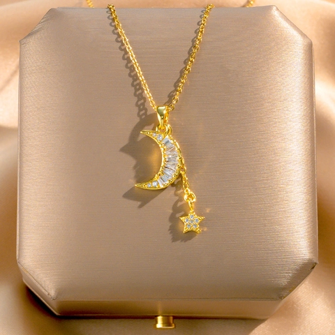 Koreaanse Lichte Luxe Titaniumstaal Ster Maan Hanger Halsketting Met Zirconia Goud Kwastje Halsketting Voor Vrouwen Sieraden Cadeau