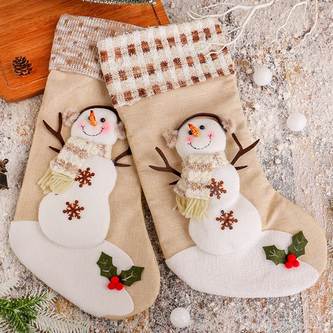 Grande Calza Di Natale In Lino E Juta Ornamento Da Appendere Con Applique Pupazzo Di Neve 3D E Polsino Scozzese Sacco Regalo