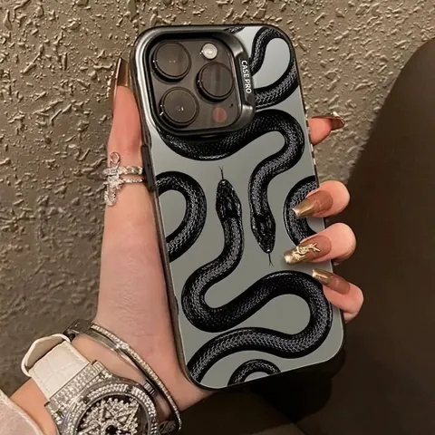 Creative Python Snake Pattern Mirror Phone Case For iPhone 16 15 14 13 12 11 Pro Max Cool Dark Style Animal Graphic Shockproof PC Protective Cover