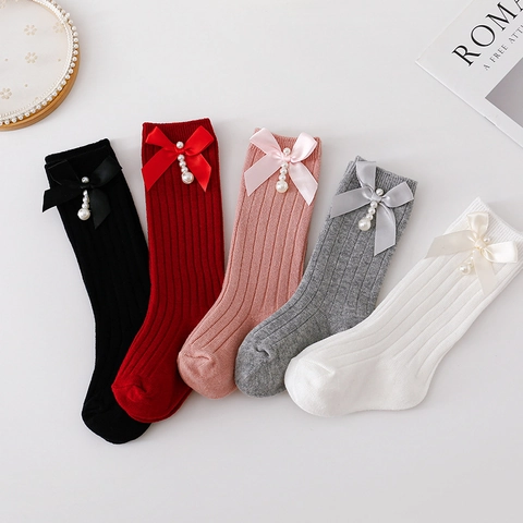 Calze Alte Ragazze Cotone Pettinato Maglia Costine Fiocco Satine Perla Artificial Decorazione Stile Principessa Spagnola Neonata Natale