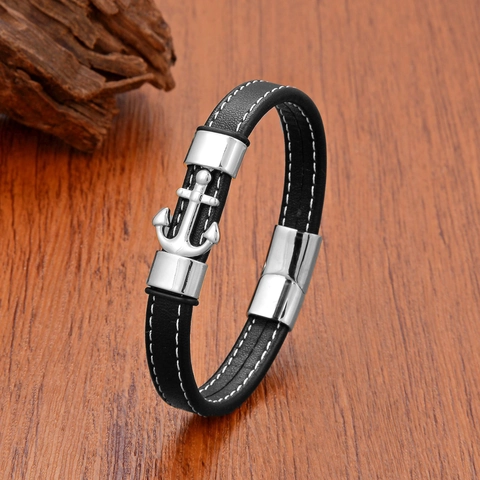 Herren Lederarmband Mit Edelstahl Anker Anhänger Retro Nautischen Stil Magnetverschluss Hand Schmuck