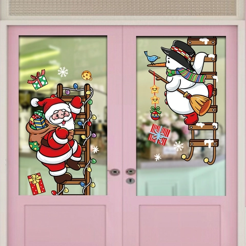 Christmas Window Stickers Static Cling PVC Santa Snowman Snowflakes Glass Door Decor Holiday Party Cartoon Removable
