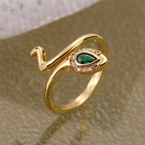 Anello Serpente Rame Placcato Oro Micro Pave Zircone Pietra Verde Regolabile Aperto Stile Punk Gioielli Uomo Donna