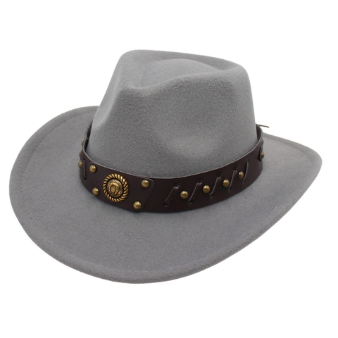 Western Cowboy Hat Retro Felt Fedora With Leather Band Metal Rivets Vintage Ethnic Style Wide Brim Jazz Cap For Men Women