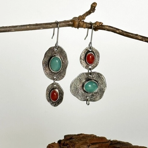 Pendientes Colgantes Asimétricos Retro Aleación Metal Martillado Incrustaciones Turquesa Coral Estilo Bohemio Mujeres