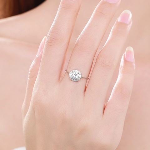 Round Halo Adjustable Chain Ring 925 Sterling Silver Cubic Zirconia Minimalist Elegant Fine Jewelry For Women
