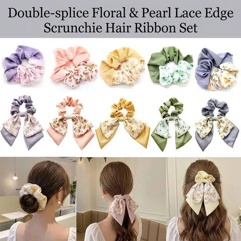 Scrunchie Con Fiocco Floreale Grande Elastico Nastro Di Raso Stile Coreano Elegante Perla Artificial Pizzo Tessuto Dolce Accessori