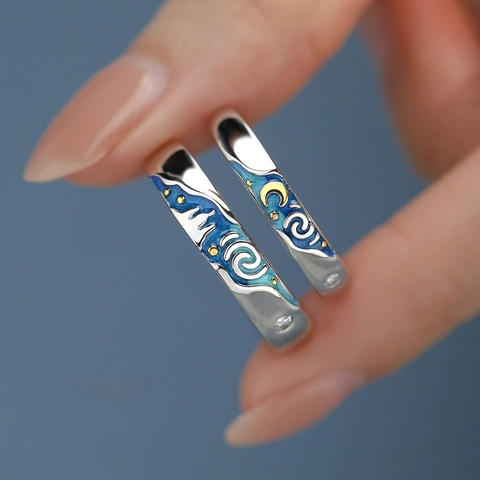 Sternennacht Paar Ringe Künstlerische Blaue Emaille S925 Sterlingsilber Verstellbare Offene Finger Schmuck Geschenk