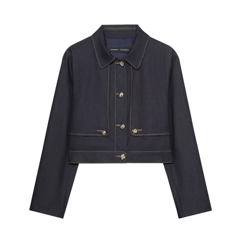 Giacca Corta In Finto Denim Con Cuciture A Contrasto E Pantaloni A Gamba Larga A Vita Alta Blu Navy