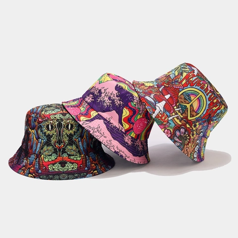 Vissershoed Katoen Polyester Omkeerbaar Zonbescherming Retro Vintage Graffiti Hippie Print Unisex