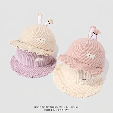 Cappello Da Pescatore In Velluto A Coste Per Bambini Con Orecchie Di Coniglio Bordo Con Volant Caldo Autunno Inverno