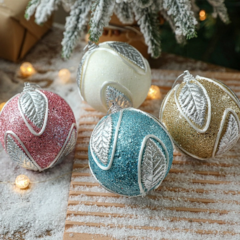 Christmas Ball Ornaments Foam Glitter With Silver Leaf Hanging Pendant Holiday Tree Decorations