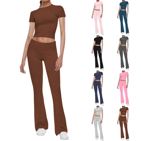 Top Y Bottom Para Mujer Casual De Poliéster Y Spandex Conjunto De 2 Piezas Color Sólido Cuello Redondo Manga Corta Crop Top Y Pantalones Campana Para Yoga Deporte Fitness