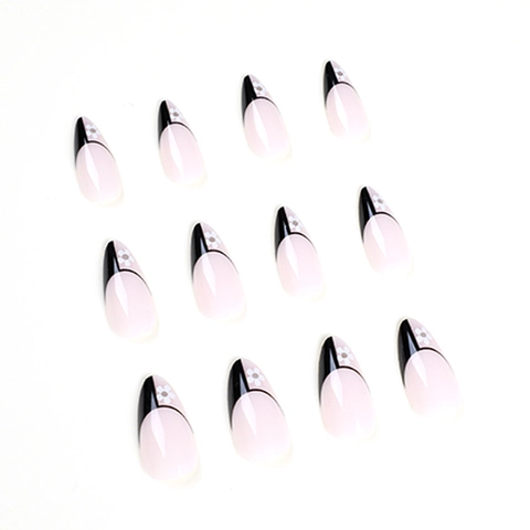Künstliche Nägel Zum Aufdrücken Mit Schwarzer Französischer Spitze Und Weißem Gänseblümchen Elegante Mandelform