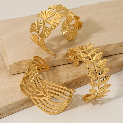 Overdreven Roestvrij Stalen Ginkgo Blad Manchet Armband Voor Vrouwen Breed Hol Ontwerp Verstelbaar Open Bangle Sieraden