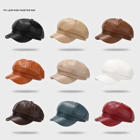 Casquette Gavroche Cuir PU Chapeau Octogonal Vintage Peintre Bonnet Hiver Chaud Pour Femmes Couleur Unie Style Rétro