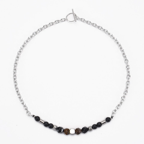 Stainless Steel Necklace With Tiger Eye And Frosted Stone Beads OT Buckle Trendy Retro Jewelry For Men And Women