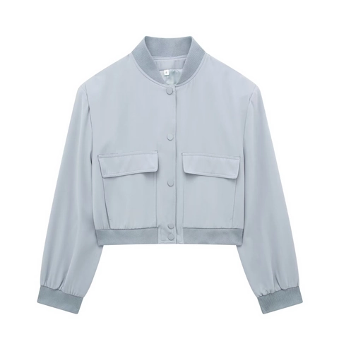 Women Short Bomber Jacket Stand Collar Large Pockets Button Down Ribbed Trim Casual Cargo Style Flight Coat Outerwear