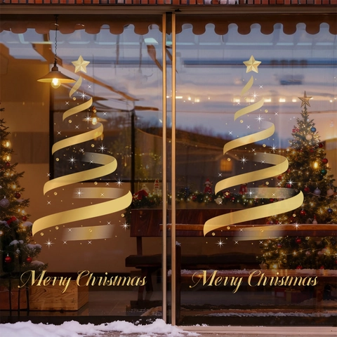 Vetrofanie Albero Di Natale Oro Statiche PVC Per Porte In Vetro Doppia Faccia Merry Christmas Decorazione Festiva