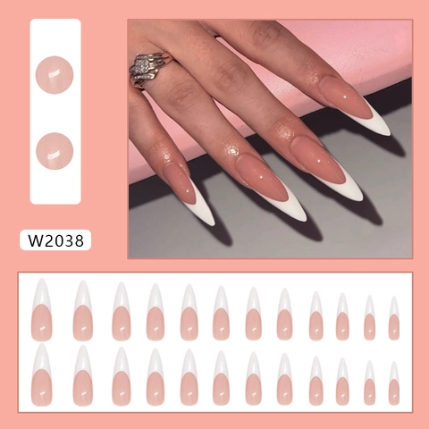 French Tip Press On Nails Lange Stiletto Glanzend Nude Roze Wit Elegante Kunstnagels Voor Vrouwen