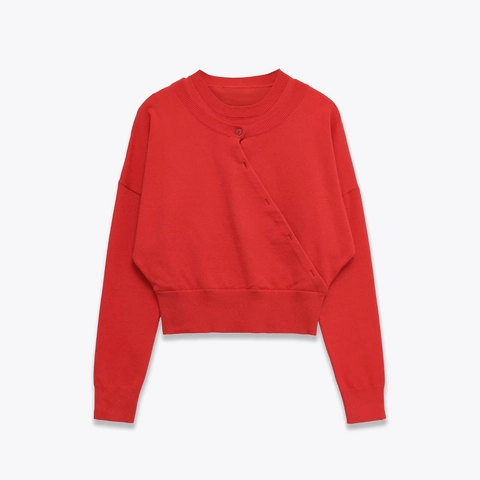 Mujer Suéter De Punto Rojo Botón Asimétrico Cuello Redondo Manga Larga Corto Top Elegante Poliéster Acrílico