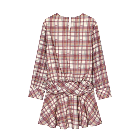 Elegant Plaid Mini Dress Polyester Long Sleeve Round Neck High Waist Ruched Waist Casual Vintage Dress For Women