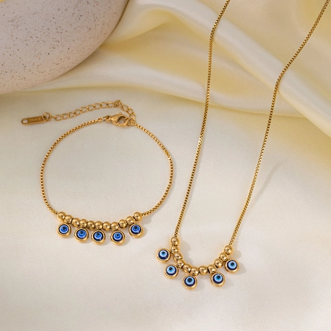 Collana Bracciale Cavigliera in Acciaio Inossidabile Malocchio per Donna Placcato Oro 18K Occhio Blu Strass Gioielli Catena a Box