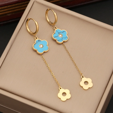 Long Tassel Drop Earrings Gold Plated Stainless Steel Faux Turquoise Star Moon Flower Dangle Jewelry For Women