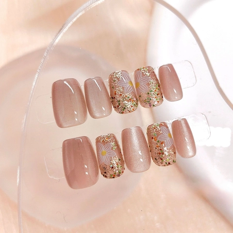 Nude Roze Cat Eye Kunstnagels Met Witte Margriet Handgeschilderd Kleurrijke Lovertjes Korte Vierkante Vorm