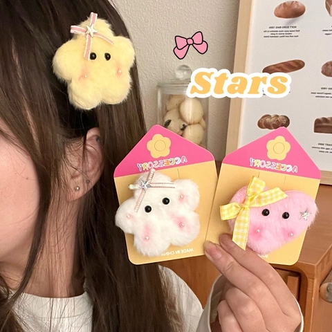 Cute Plush Star Heart Hair Clips For Girls Sweet Faux Fur Hairpins With Bows And Faux Artificial Pearls Kawaii Hair Accessories