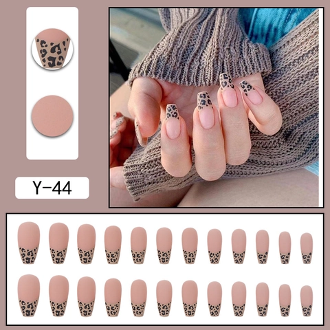 Matte French Leopard Print Press On Nails Coffin Shape Artificial False Nails For Women Daily Manicure Nude Pink Color